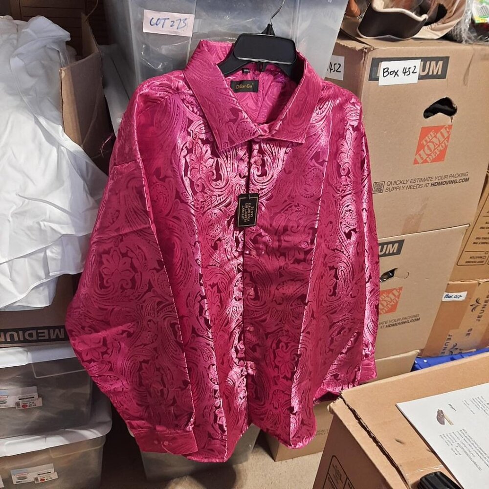 DiBanGu Men Long Sleeve Shirt Pink Paisley Button Down Silk Blend Shirt 3XL